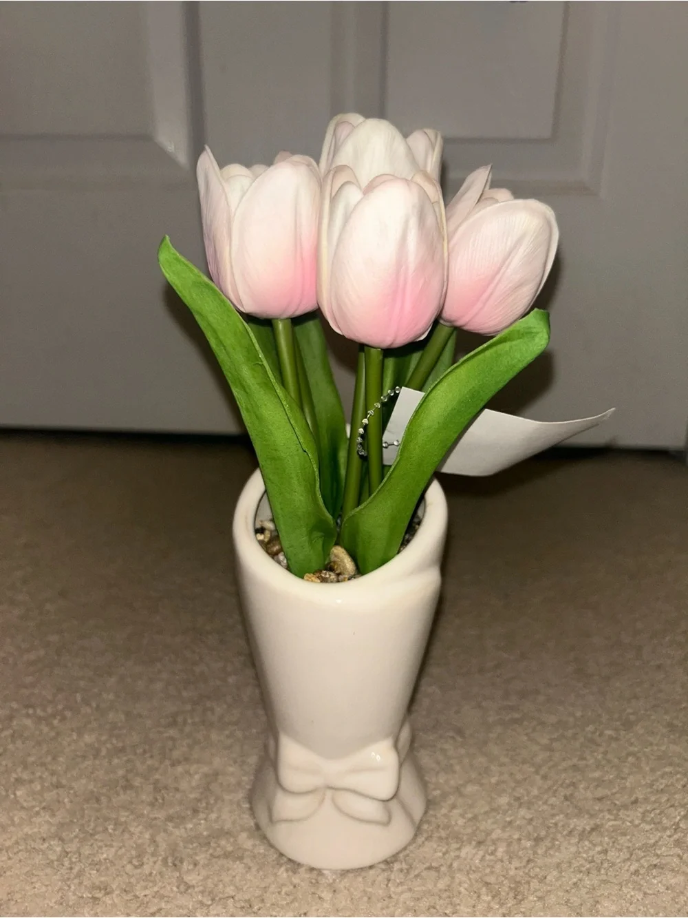 Pink Tulip Faux Floral in White Ceramic Vase Decoration